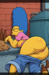 ai_generated ass_up blue_beehive_hair breasts cum curvy drunk drunk_sex dumpster female head_down marge_simpson on_all_fours the_simpsons yellow_skin