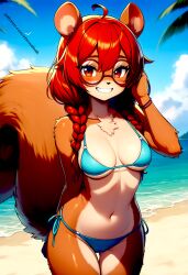 ai_generated bikini brown_fur cute cute_face eternal_oak furry furry_female_only glasses mabel_maplebottom red_eyes red_hair squirrel twin_braids