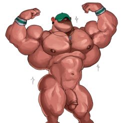1boy ass balls bara baseball_cap coach_(meet_the_robinsons) flaccid flexing gay green_cap human male male_only meet_the_robinsons muscular nipples penis remert solo sparkles transparent_background whistle_around_neck yaoi