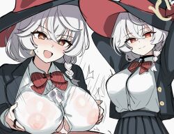 +_+ 1boy :d absurdres blue_archive bow bowtie braid breasts button_gap cum cum_on_body cum_on_breasts eri_(blue_archive) female halo hat highres large_breasts mini2chainz multiple_views nipples orange_eyes paizuri paizuri_under_clothes pleated_skirt red_bow red_bowtie see-through_clothes see-through_shirt shirt shirt_tucked_in side_braid skirt smile striped_bow striped_bowtie striped_clothes white_hair witch_hat