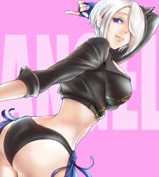 angel_(kof) ass black_pants blue_eyes breasts chaps closed_mouth commentary_request crop_top cropped_jacket female fingerless_gloves fingernails gloves hair_over_one_eye highres jacket king_of_fighters leather leather_jacket looking_at_viewer looking_back mayonakadays medium_breasts midriff panties pants pink_background short_hair simple_background sleeves_rolled_up smile solo thighs underwear white_hair zipper zipper_pull_tab