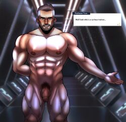 1boy abs bara beard brown_eyes character_name completely_nude dialogue dialogue_box facial_hair flaccid highres large_pectorals looking_at_viewer male_focus male_only male_pubic_hair milkentiddies muscles muscular muscular_male navel nipples nude pectorals penis pokemon pokemon_(game) pokemon_sv professor_turo pubes pubic_hair short_hair solo thick_thighs thighs turo_(pokemon) undercut veiny_penis