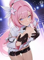 1girls ai_generated cleavage concert cowboy_shot elysia_(honkai_impact) honkai_(series) honkai_impact_3rd leaning_forward looking_at_viewer scene seacreator smile stage stage_lights standing