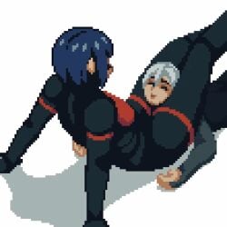 2girls animated ariane_yeong bodysuit elster_(signalis) female female_only pixel_animation pixel_art rom34t short_hair signalis suffocation thigh_squish white_hair yuri