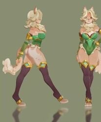 afk_(series) afk_journey anthro big_breasts blonde_female blonde_hair brown_eyes claws female fluffy furry gold_eyes gold_jewelry green_clothing lenya_(afk) sexy tagme video walking