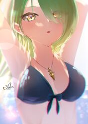 alisa_alice_831 bikini black_bikini blurred_background ceres_fauna cropped glare_(lighting) green_hair hololive hololive_english hololive_english_-council- hololive_english_-promise- necklace pool sunset virtual_youtuber water yellow_eyes