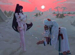 arabian arabian_clothes cyberlewds dark-skinned_male desert dominant_male femsub grin happy_male harem_girl jewelry leash leash_and_collar leash_pull leashed_female light-skinned_female maledom master nipple_piercing nude_female oriental slave slavegirl submissive_female