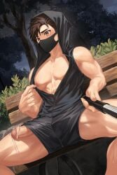 1boy abs bare_breasts beefy bench biceps big_areola big_penis brown_eyes brown_hair camera_view censor_bar censored_penis collarbone covered_mouth dutch_angle erection exhibitionism foreskin freaky gay hi_res holding_object hoodie male male_only masturbation mature_male muscles muscular muscular_arms muscular_legs muscular_male muscular_thighs nayoshi_(r-744) night nipple_play open_clothes original original_character park park_bench pecs penis penis_out pinching_nipples pointless_censoring precum precum_drip public public_indecency public_nudity quadriceps selfie selfie_stick short_hair sitting sitting_on_bench six_pack sleeveless solo spread_legs surgical_mask sweat sweaty thick_penis tree uncircumcised uncut unretracted_foreskin unzipped veiny_penis wide_eyed yaoi zipper zipper_down zipper_pull_tab