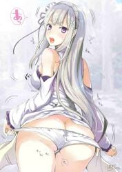 ass ass_focus bare_shoulders bare_thighs braid clothed clothing covered_breasts covered_nipples cowboy_shot crown_braid detached_sleeves elf elf_ears elf_female elf_girl emilia_(re:zero) female female_focus female_only from_behind hair_flower hair_ornament half-elf half_clothed half_dressed half_elf high_quality_panties kojima_saya light_blush long_hair looking_at_viewer looking_back looking_back_at_viewer medium_breasts open_clothes open_eyes open_mouth panchira panties panty_pull pointy_ears pulling_down_pants purple_eyes re:zero_kara_hajimeru_isekai_seikatsu removing_clothing removing_pants showing_ass showing_panties silver_hair solo solo_female solo_focus thick_thighs thighs tongue undressing untied_panties upper_teeth very_long_hair white_clothing white_dress white_flower white_hair white_legwear white_panties white_underwear wide_sleeves x_hair_ornament