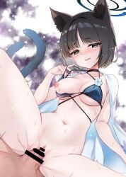 1boy animal_ears bakeneko bar_censor bikini bikini_pull black_eyes black_hair black_tail blue_archive blue_bikini blue_halo blue_tail blush breasts cat_ears cat_girl cat_tail censored clothes_pull criss-cross_straps female gradient_tail halo highres kikyou_(blue_archive) kikyou_(swimsuit)_(blue_archive) layered_bikini looking_at_viewer minakami_rinka multiple_tails navel nipples official_alternate_costume one_breast_out penis pulling_own_clothes pussy short_hair sweat swimsuit tail two_tails