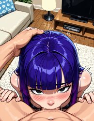 1boy ai_generated bangs bare_shoulders bikini black_bikini black_bra black_eyes blue_hair blunt_bangs blush bra breasts carpet couch deepthroat erection fellatio female fingernails glitch_techs gradient_hair hand_on_another's_head hand_on_another's_thigh indoors irrumatio jousneystudio kneeling lamp large_penis long_hair looking_at_viewer male miko_kubota multicolored_hair navel nose_blush nude on_couch oral penis plant pov_crotch pubic_hair purple_hair rug saliva shiny_skin small_breasts solo_focus straight swimsuit television trembling underwear veins veiny_penis wooden_floor
