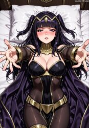 ai_generated bangs bare_shoulders bed bed_sheet black_cape black_hair blunt_bangs blush bodystocking bracelet breasts bridal_gauntlets cape circlet cleavage clothing covered_navel crown dress female fire_emblem fire_emblem:_awakening fire_emblem_awakening gold_trim head_on_pillow incoming_hug jewelry jousneystudio large_breasts lips long_hair looking_at_viewer lying medium_breasts on_back on_bed outstretched_arms outstretched_hand parted_lips pelvic_curtain pillow purple_eyes purple_hair reaching reaching_towards_viewer sallya_(fire_emblem) skin_tight solo sweat tharja_(fire_emblem) thighlet tiara trembling twitching two_side_up