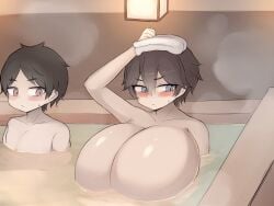 2boys bathroom blue_eyes blush breasts brown_eyes brown_hair busty_boy gigantic_breasts highres male_with_breasts multiple_boys oppai_shota pittori shared_bathing shota towel towel_on_head