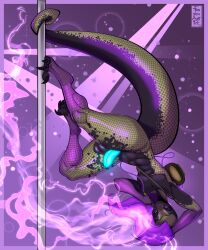 2025 abs absurd_res animal_genitalia anthro ass backpack balls blue_penis claws dancing dark_body dark_skin digital_media_(artwork) erection frozenartifice genitals hair hi_res lizard looking_at_viewer male markings muscular muscular_anthro muscular_male nude pecs penile penis pole pole_dancing purple_eyes purple_hair reptile scale_markings scales scalie simple_background smile smoke stripper_pole tail tail_grapple tan_body thick_thighs toe_talons upside-down wide_hips