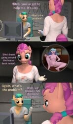 3d_(artwork) absurd_res anthro anthrofied breasts comic computer digital_media_(artwork) english_text equid equine female genitals hasbro hi_res hitch_trailblazer_(mlp) horn izzy_moonbow_(mlp) male mammal mlp_g5 my_little_pony papadragon69 png pussy spread_legs spreading sunny_starscout_(mlp) text unicorn