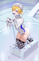 ass ball_gag bondage bulge femboy fully_bound gag gay girly grazelz kingdom_hearts leotard male male_only restrained roxas sculpture statue