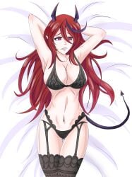 1girls alternate_version_available anime_onegai arms_behind_head bed black_lingerie cleavage demon_tail dengeki_onegai female_only heart_eyes highres hoku_roboto horns lagh25 latam_virtual_youtuber lingerie long_hair looking_at_viewer pointy_ears purple_eyes red_hair succubus thighhighs virtual_youtuber