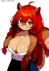 brown_fur cleavage cute cute_face eternal_oak furry glasses low_cut_top mabel_maplebottom red_eyes red_hair squirrel twin_braids