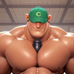1:1 ai_generated bara baseball_cap blush brown_hair civitai coach coach_(meet_the_robinsons) gay green_cap human male male_only mcbblgoonbuster meet_the_robinsons muscular yaoi
