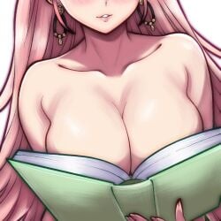 1girls book cleavage convenient_censoring earrings female fire_emblem fire_emblem:_three_houses hilda_valentine_goneril large_breasts long_hair nintendo nude ouch_meme pink_hair rotomdocs