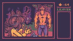 !! 1boy 1girls ahegames animal_ears anthro antlers brown_hair bulge bulge_through_clothing chest_tuft deer headphones horns lewd_leaf_land looking_at_another molly_(lewd_leaf_land) motion_lines muscular_male nature official_art open_mouth outdoors pixel_art reindeer screencap topless