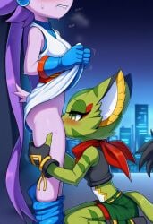 2girls ai_generated biting_lip carol_tea clothed_sex cunnilingus exhibitionism freedom_planet on_knees oral outdoors pants_down public public_nudity public_sex pussy_licking rooftop sash_lilac side_view