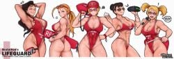 5girls abs alternate_hair_length alternate_hairstyle antenna_hair armpits ass baseball_cap baywatch_(cosplay) baywatch_(franchise) bikini black-framed_eyewear black_hair blonde_hair bodyboard breasts cammy_white chun-li cleavage closed_eyes clothing collarbone covered_abs covered_nipples cropped_legs dark-skinned_female dark_skin double_bun eyewear eyewear_on_head female female_only food glasses grin hat headwear hershuar highleg highleg_swimsuit highres holding holding_food holding_surfboard human ice_cream_cone large_breasts laura_matsuda licking_lips lifeguard low_twintails lucia_morgan medium_breasts microphone multiple_girls muscular muscular_female neckwear one-piece_swimsuit one-piece_thong over-rim_eyewear rainbow_mika red-framed_eyewear red_headwear red_swimsuit red_theme rescue_buoy rimless_eyewear scar scar_on_cheek scar_on_face semi-rimless_eyewear short_twintails shoulder_blades sideboob sidelocks smile street_fighter street_fighter_v sunglasses surfboard swimsuit swimwear tankini thick_thighs thigh_pouch thighs thong_swimsuit tongue tongue_out twintails unzipped watch whistle wristwatch zipper