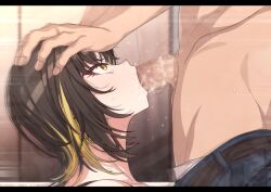 1boy blonde_hair brown_hair censored commentary_request erere fellatio female hands_on_another's_head idolmaster idolmaster_shiny_colors ikaruga_luca irrumatio letterboxed lying mosaic_censoring motion_lines multicolored_hair on_side oral penis profile two-tone_hair yellow_eyes