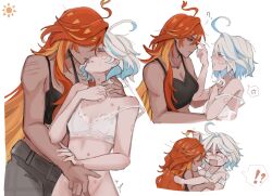 !? 2girls ahoge anger_vein between_legs bite_mark bite_mark_on_arm bite_mark_on_breast bite_mark_on_face black_tank_top blonde_hair blue_streaks bra breasts closed_mouth commentary dark_skin eni_(enidaisy69) fingering furina_(genshin_impact) genshin_impact hickey highres kissing long_hair mavuika_(genshin_impact) multicolored_hair multiple_girls open_mouth red_hair saliva saliva_trail scar scar_on_arm simple_background small_breasts smile spoken_anger_vein spoken_interrobang tank_top tongue tongue_out two-tone_hair underwear white_background white_bra white_hair yuri