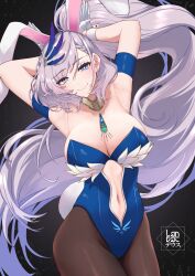 1girls armpits belly belly_button big_breasts blue_eyes breasts breasts bunny_ears bunny_girl bunnysuit hololive hololive_indonesia landacdeus long_hair pavolia_reine side_ponytail silver_hair stockings virtual_youtuber