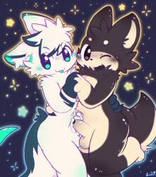 anthro balls black_body black_fur blep blush bodily_fluids bottomless brown_eyes canid canine canis clothed clothing cum cum_on_penis domestic_dog duo facial_tuft fangs femboy fluffy foreskin fox frottage fur genital_fluids genitals green_body green_eyes green_fur green_inner_ear hand_holding hand_on_back happy head_tuft hi_res inner_ear_fluff kissing looking_at_viewer male male/male mammal marble_fox maxie_(duskyglow) nude nude_anthro nude_male one_eye_closed open_mouth open_smile penile penis penis_kissing penises_touching red_fox sex smile tail tan_body tan_fur teeth tongue tongue_out topless true_fox tuft white_body white_fur zaaru