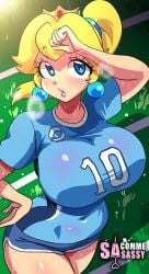 6:11 alternate_breast_size big_breasts blonde_hair blue_eyes blue_shorts breasts crown female female_only football football_player football_uniform hotpants huge_breasts jersey large_breasts light-skinned_female light_skin lipstick looking_at_viewer mario_(series) mario_strikers nintendo ponytail princess_peach sasatseng sports_jersey sweat sweaty sweaty_body thick_thighs wide_hips