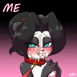 animated anthro blush collar cum cum_on_face dialogue english_text female gif li_li_stormstout looking_at_viewer nude nude_female pandaren talking_to_viewer video_games warcraft wherewolf world_of_warcraft