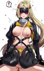 1boy 1girls 2d 2d_(artwork) absurd_res areolae aroused between_legs between_thighs big_breasts blindfold blonde_hair blush breasts breasts_out clothing covered_eyes cum cumshot ejaculation female hearts_around_head hi_res hinghoi large_breasts light-skinned_female light_skin long_hair male nipples penis ponytail thick_thighs thigh_sex thighs trigger_(zenless_zone_zero) zenless_zone_zero