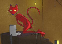 anthro balls bodily_fluids cartoon_network clear_urine courage_the_cowardly_dog felid foreskin genital_fluids genitals hands_between_legs hi_res illegaleel katz_(courage_the_cowardly_dog) light_bulb male mammal omorashi peeing peeing_on_ground peeing_on_self penis penis_backwards solo spider_web squat_toilet toilet urine urine_on_ground urine_on_self urine_trail wetting