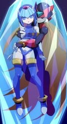 1boy 1girls armor black_eyes blonde_hair blue_armor blue_eyes blue_helmet breasts capcom commission fairy_leviathan forehead_jewel full_body grabbing_another's_breast grabbing_from_behind groping helmet highres ice inti_creates long_hair medium_breasts mega_man mega_man_zero oki_kuro red_armor red_helmet skeb_commission smirk straight very_long_hair zero_(mega_man)