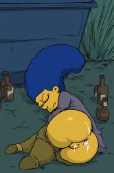 ai_generated ass_up blue_beehive_hair breasts cum curvy drunk drunk_sex dumpster female head_down marge_simpson on_all_fours the_simpsons yellow_skin