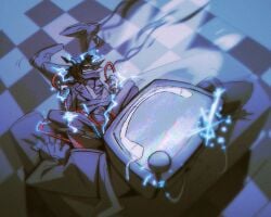 deltaruined deltarune electricity fully_clothed sitting sitting_on_lap size_difference spamtenna spamton_g_spamton tenna_(deltarune) tv tv_head wire wireplay wires