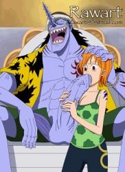 animated arlong bad_end blue_skin clothed clothing female forced forced_oral huge_breasts huge_cock male nami_(one_piece) one_piece oral orange_hair rape rawart short_hair size_difference