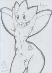 2022 anthro balls beady_eyes blush flaccid foreskin genitals graphite_(artwork) hands_behind_head lunaris_parukia male markings navel nintendo nude penis pokémon_(species) pokémorph pokemon smile solo togetic traditional_media_(artwork) video_games wings