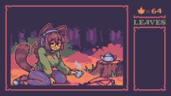 1girls :3 ahegames animal_ears breasts brown_hair cleavage clothed cup female glasses headphones holding_cup lewd_leaf_land long_hair molly_(lewd_leaf_land) nature official_art outdoors pixel_art screencap shoes sitting solo tail teapot tight_pants tree_stump turtleneck