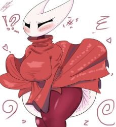 !? 2d abdl adult_baby anthro arthropod artist_name artist_signature big_breasts black_body blush breasts bug bug_girl cape clothed clothes clothing color colored diaper diaper_fetish digital_media_(artwork) embarrassed flustered hands_between_legs hi_res highres hollow_knight hornet_(hollow_knight) m0dniy red_cape standing team_cherry thick_thighs thighs wearing_diaper white_background wide_hips