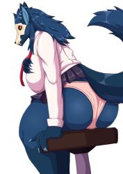 abyssal_wolf anthro ass big_breasts big_butt blush bottomwear breasts canid canine canis chair clothing elvia female furniture hi_res komenuka_inaho looking_at_viewer looking_back mammal nails panties school_uniform sharp_nails sharp_teeth sitting skirt solo tagme teeth thong underwear uniform wolf