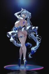 absurdres ass ballet ballet_slippers blue_eyes blue_hair breasts dancer disgustingtokki elbow_gloves en_pointe female full_body gloves goddess_of_victory:_nikke gretel_(nikke) highres huge_ass huge_breasts large_breasts long_hair looking_at_viewer looking_back mole mole_on_ass no_panties pouch sideboob skindentation thick_thighs thigh_pouch thigh_strap thighs tiptoes very_long_hair white_gloves