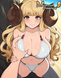 1futa 2025 ahoge ai_generated anila_(granblue_fantasy) artist_name bangs big_breasts big_chest bikini blonde_hair blush breast_grab breasts bust busty chest cleavage collarbone draph foxenpai futanari grabbing granblue_fantasy guided_breast_grab hi_res high_quality high_resolution highres horns large_breasts long_hair looking_at_viewer navel patreon patreon_username sheep_horns short_eyebrows smile solo_focus stable_diffusion swimsuit thick_eyebrows watermark white_bikini