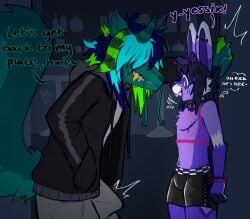 against_surface against_wall anthro antlers bulge chug_(character) clothed clothing demon dialogue dirty_talk duo erection erection_under_clothing funeralfugitive hand_in_pocket hi_res horn inviting inviting_to_sex jackalope kabedon knite lagomorph leaning leporid male male/male mammal mastectomy_scar mephitid pinned pinned_to_wall pockets rabbit requesting scar sex_request size_difference skunk tenting text trans_(lore) trans_man_(lore) visibly_trans