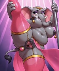 4_fingers ai_generated anal anal_sex anthro belly big_breasts big_clitoris black_nipples blue_eyes blush bouncing_breasts breasts buttplug buttplug_in_ass buttplug_insertion chubby_female clitoris clothing crown dancing darkened_genitalia deep_navel elephant elephantid female fingers flexible genitals gold_(metal) gold_jewelry grey_body hi_res holding_legs_up jewelry looking_at_viewer low-angle_view mammal natural_breasts navel nipple_piercing nipple_tassels nipples one_leg_up pantaloons penetration piercing pink_inner_ear pink_inner_pussy plug_(sex_toy) plug_insertion pole pole_dancing proboscidean proboscis_(anatomy) pussy raised_leg sex_toy sex_toy_in_ass sex_toy_insertion simple_background solo splits spread_legs spread_pussy spreading standing tail_tuft tiara translucent translucent_clothing trunk_(anatomy) tuft tusks urethra vertical_splits