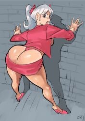 1girls against_surface against_wall ass ass_focus ass_hanging_out ass_hanging_out_of_skirt back_view_blowjob big_ass big_butt bottom_heavy breasts brick_wall bubble_ass bubble_butt curvaceous curvy curvy_female curvy_figure exposed_ass fat_ass female female_focus female_only glistening glistening_butt gray_eyes grey_eyes hair_ornament hair_ribbon hands_against_wall heels hi_res high_heels high_resolution highres huge_ass huge_butt large_ass light-skinned_female light_skin looking_back microskirt open_mouth original original_character pencil_skirt pink_clothing pink_thong pink_underwear presenting presenting_ass presenting_butt presenting_hindquarters rear_view shiny shiny_ass shiny_butt shiny_skin sideboob silver_hair simple_background skirt solo solo_female solo_focus tagme tako_(zestysauce) thick_ass thick_thighs thighs thong twintails underwear viewed_from_behind voluptuous voluptuous_female wall wall_(structure) whale_tail whale_tail_(clothing) white_hair zestysauce