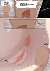 anthro anus ass big_butt biped dialogue duo female generation_5_pokemon genitals hair hi_res huge_butt human human_on_anthro interspecies legendary_pokemon male male/female mammal nintendo nude open_mouth pokemon pokemon_(species) reshiram simple_background size_difference son2j speech_bubble text thick_thighs vulva