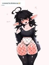 big_breasts black_hair black_panties blush boobs boobs_out crop_top cute cute_face elf elf_ears elf_female elf_girl fluffy_hair head_tilt heart-shaped_pupils long_hair long_sleeves mistysnugglebug pale-skinned_female pale_skin panties_visible_through_clothing red_blush sleepy_(mistysnugglebug) stockings thick_thighs thighhighs thighs_together